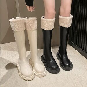 Black Knee-High Boots with Cream Shearling Cuff